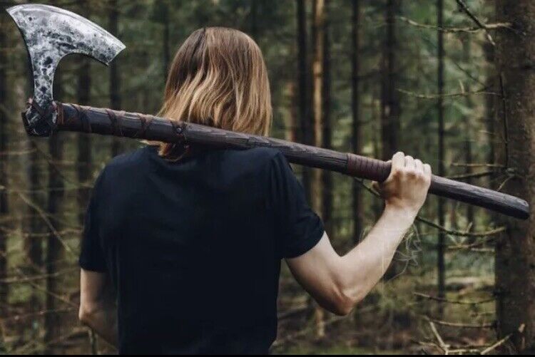 Custom Handmade Viking Battle Axe with Forged 1095 Steel Blade and Rosewood Leather-Wrapped Handle – KBS Knives Store