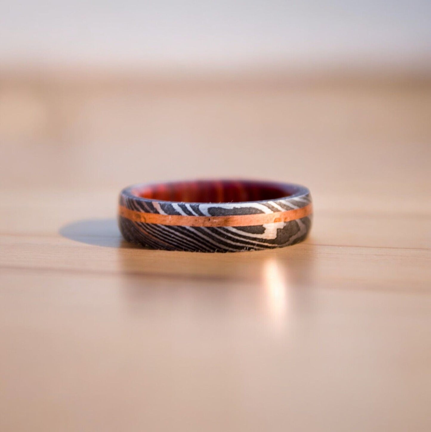 Eternal Harmony Damascus Steel Unity Ceremony Ring with Brass Line and Wood Inlay by KBS Knives Store