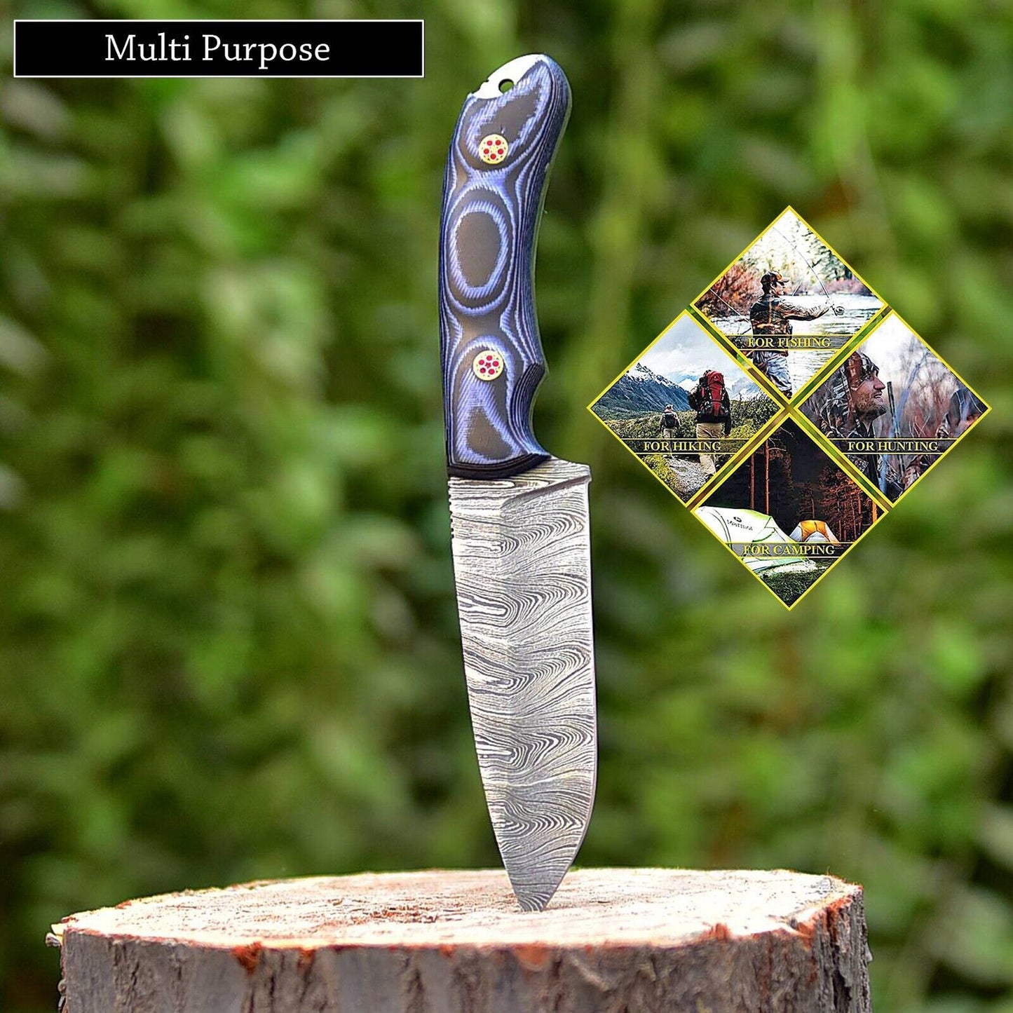 Wilderness Guardian: Hunting Knife with Twist Damascus Steel Blade, Micarta G10 Handle, and Leather Sheath