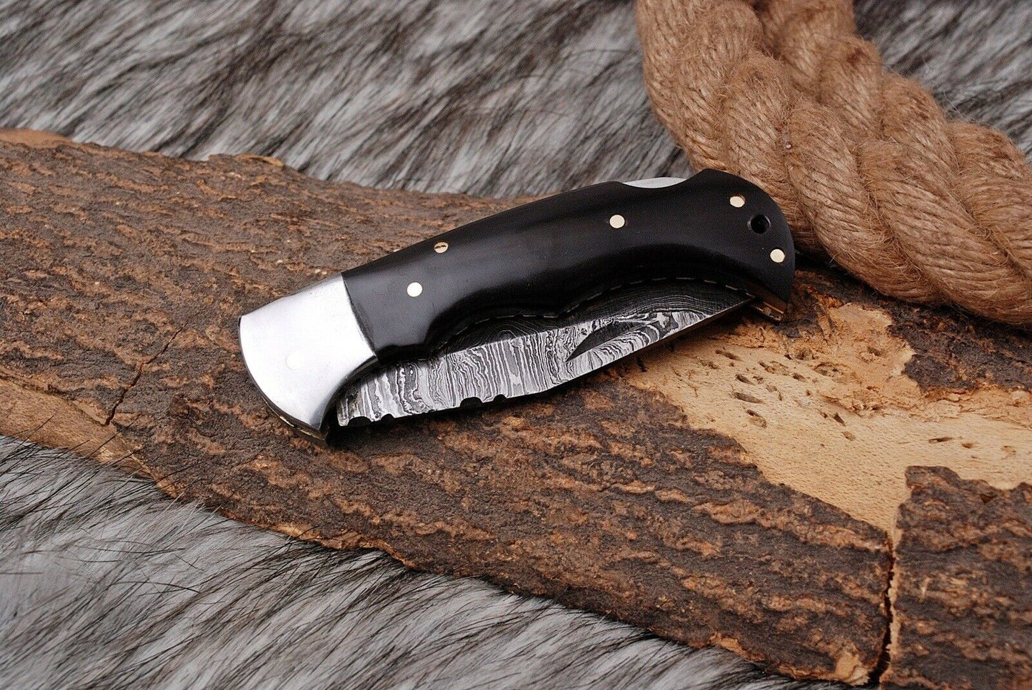 Custom Hand Forged Damascus Folding Knife With Bull Horn & Steel Bolster WH 1668
