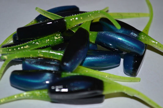 Cam's 2" Stinger Shad 35pc Black Blue & Chartreuse Grubs Crappie Soft Jigs