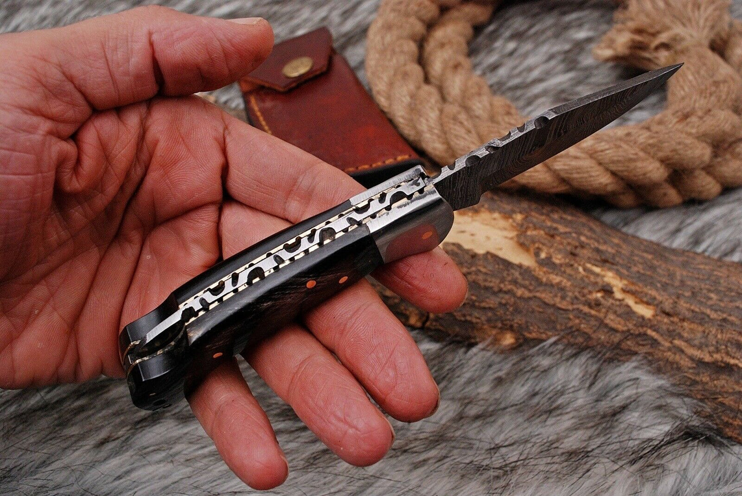 Custom Hand Forged Damascus Folding Knife With Bull Horn & Steel Bolster WH 1668