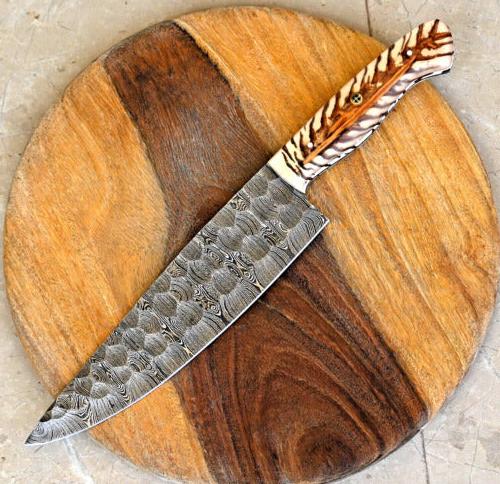 Artisan’s Choice: Custom Handmade Chef’s Knife with Damascus Steel Blade and Epoxy Pine-cone Handle, 13-Inch with Leather Sheath