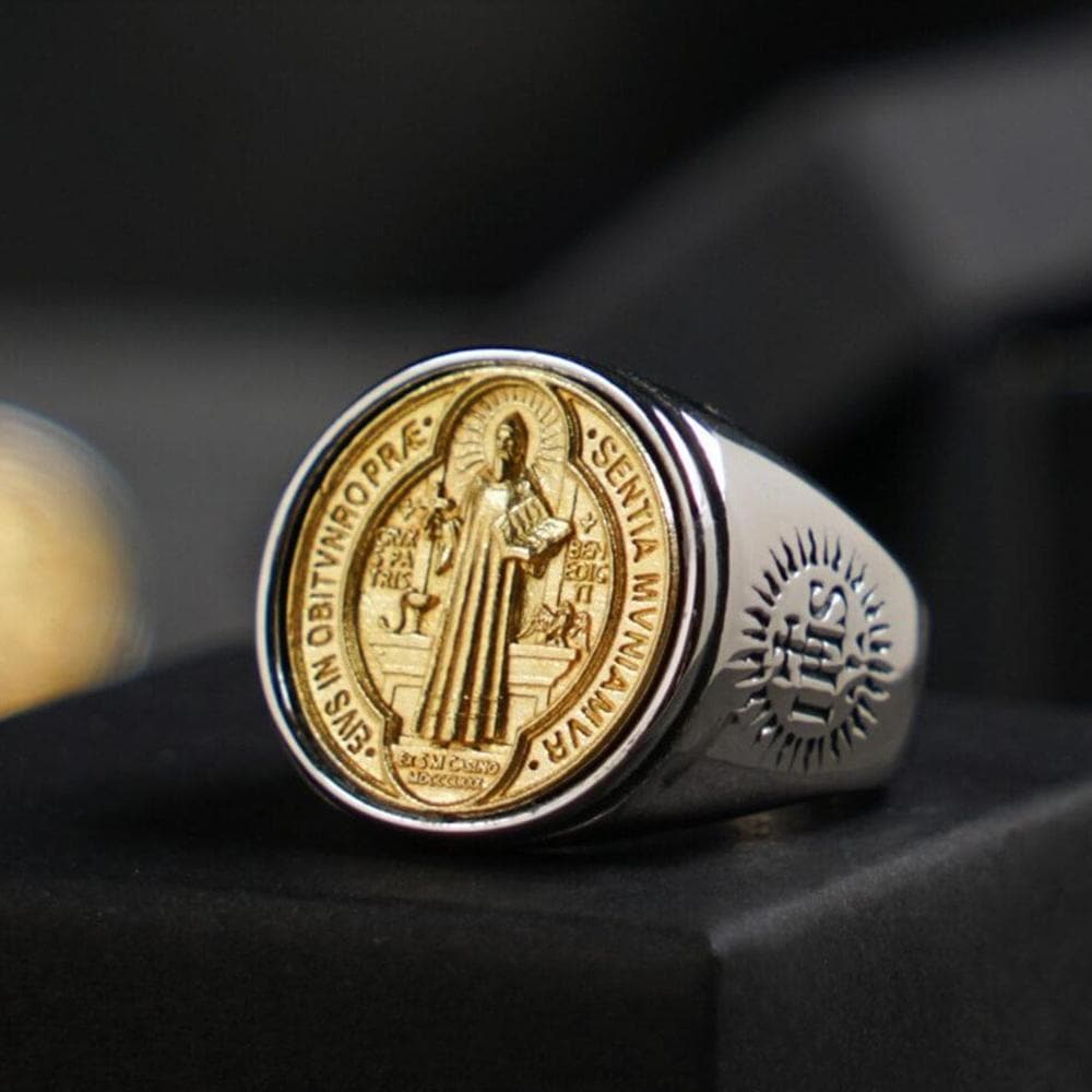 Saint Benedict Medal Stainless Steel Cross Ring