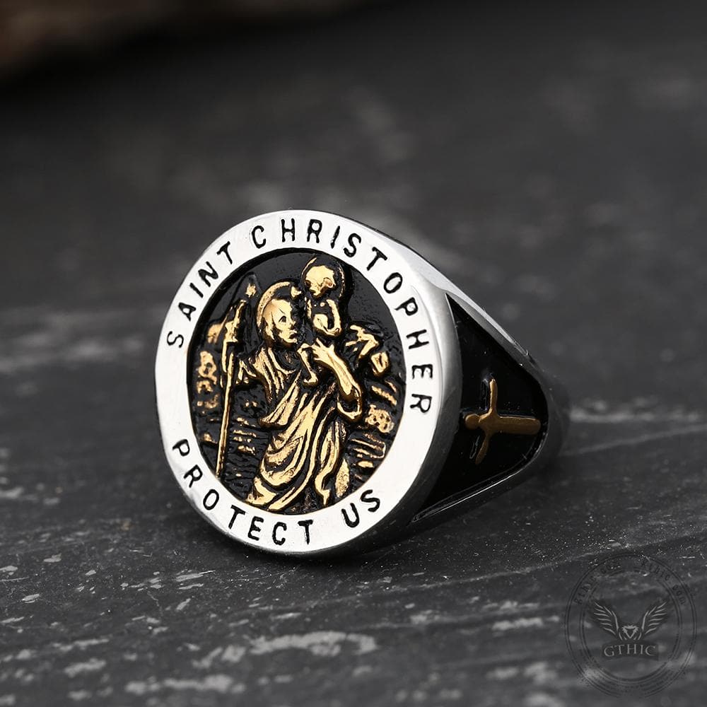 Saint Christopher Protect Us Stainless Steel Cross Ring