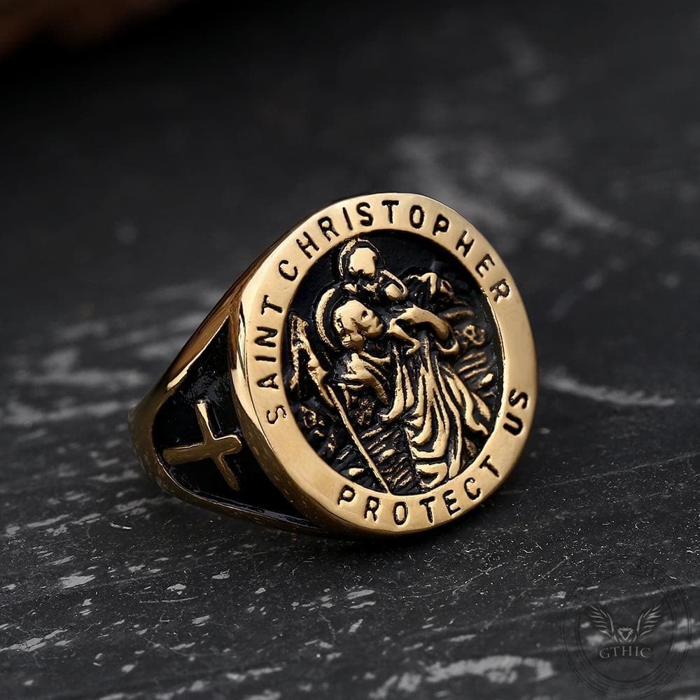 Saint Christopher Protect Us Stainless Steel Cross Ring
