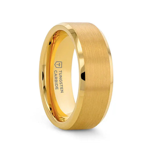 HONOR Gold-Plated Tungsten Beveled Edge Flat Ring with Brushed Center – 6mm & 8mm