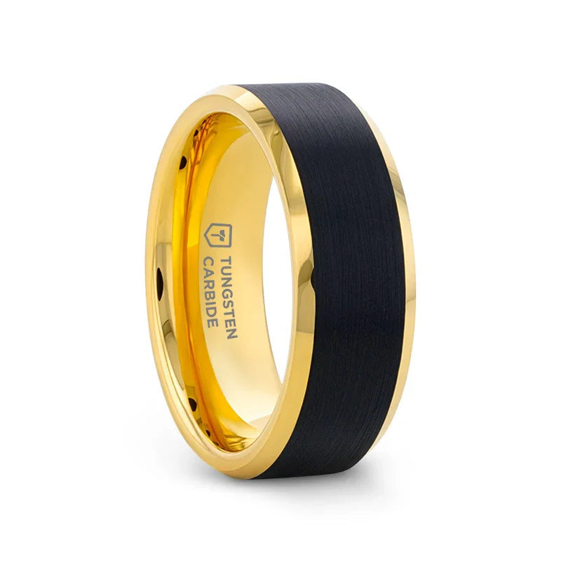 GASTON Gold-Plated Tungsten Beveled Ring with Brushed Black Center – 6mm or 8mm