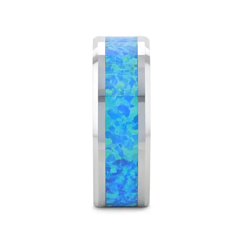 QUASAR Tungsten Wedding Band with Blue Green Opal Inlay - 4mm - 10mm