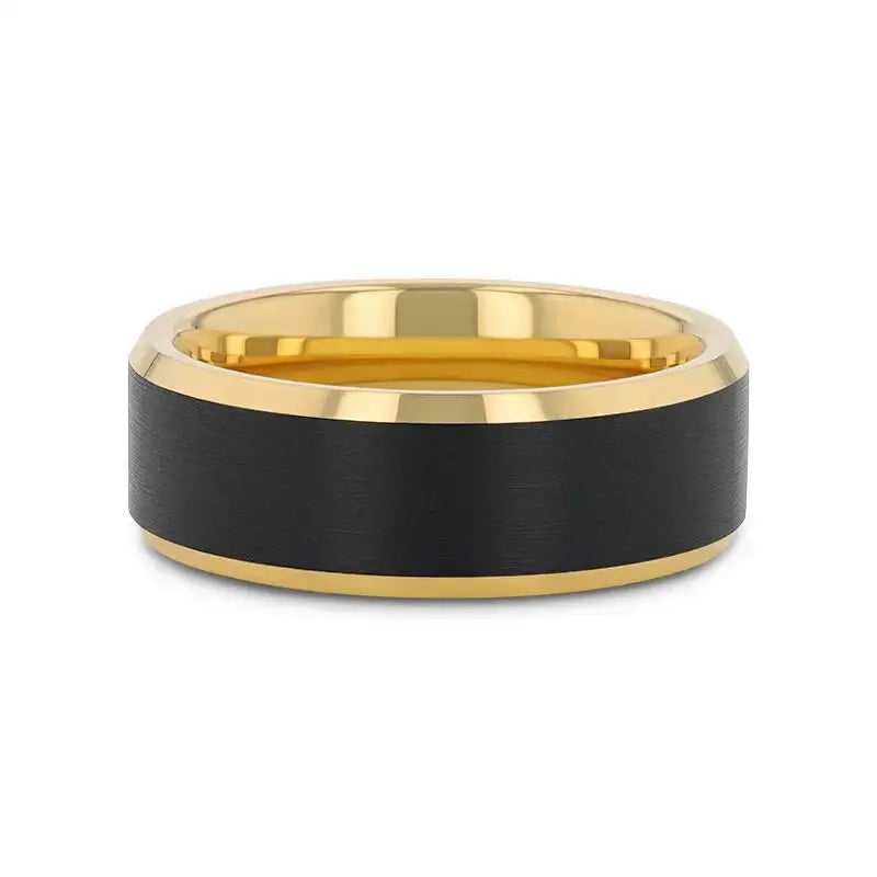 GASTON Gold-Plated Tungsten Beveled Ring with Brushed Black Center – 6mm or 8mm