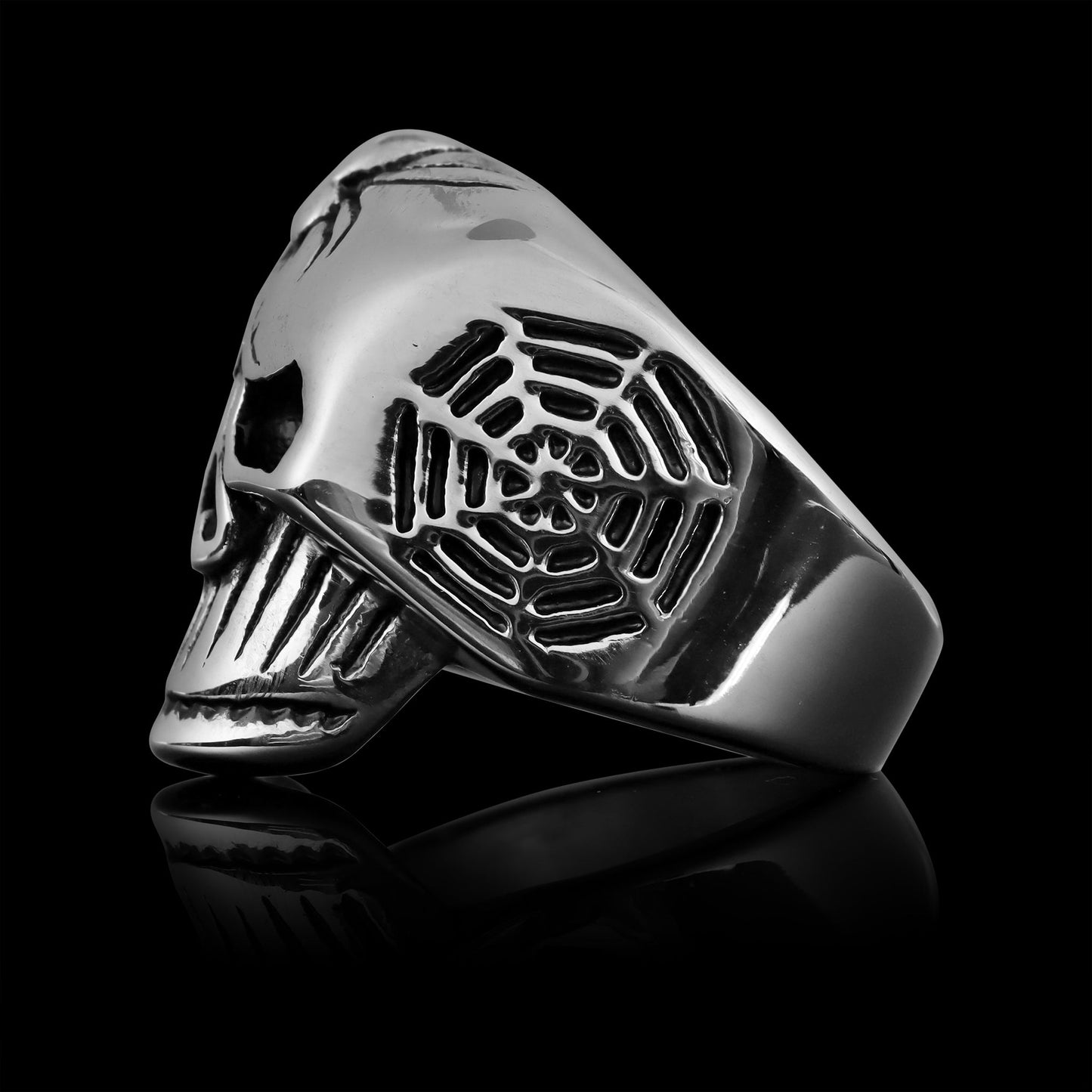 Stainless Steel Skull With Spider And Web Accents Ring