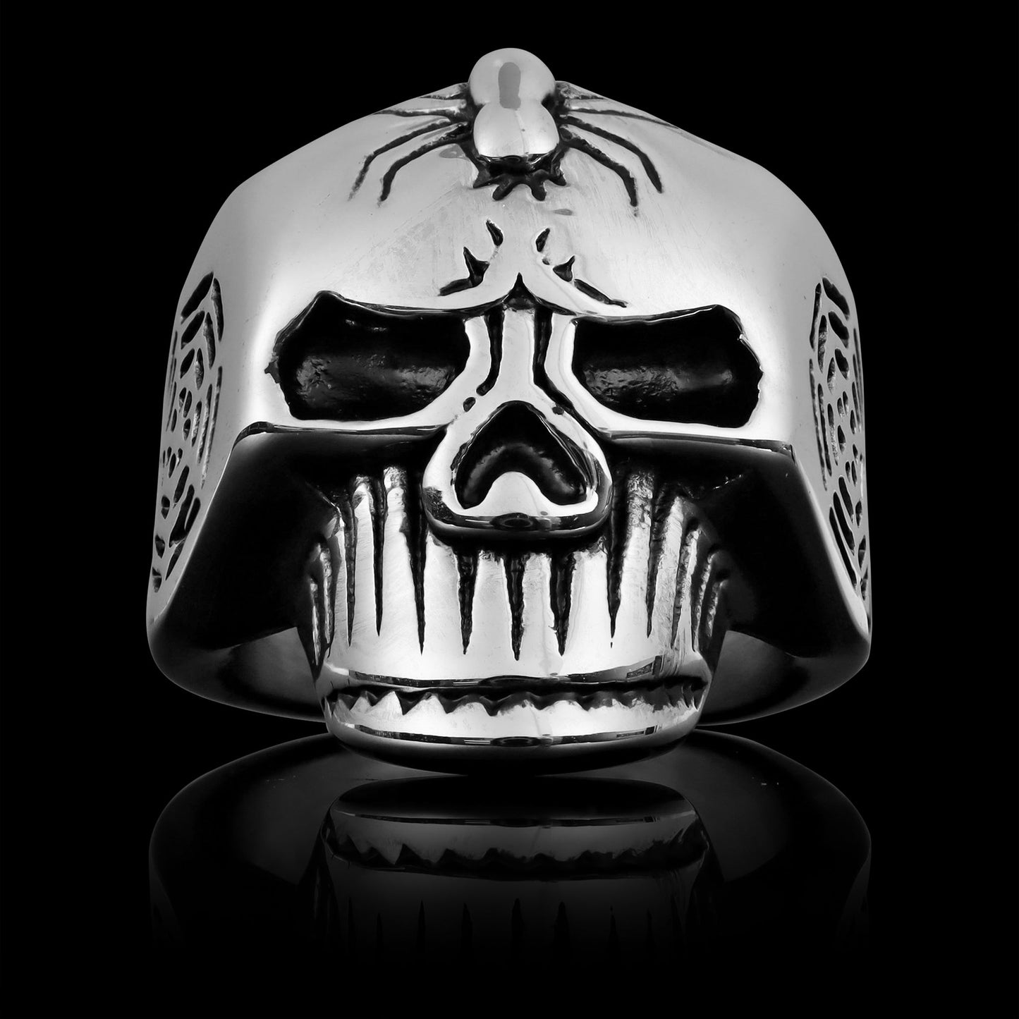 Stainless Steel Skull With Spider And Web Accents Ring