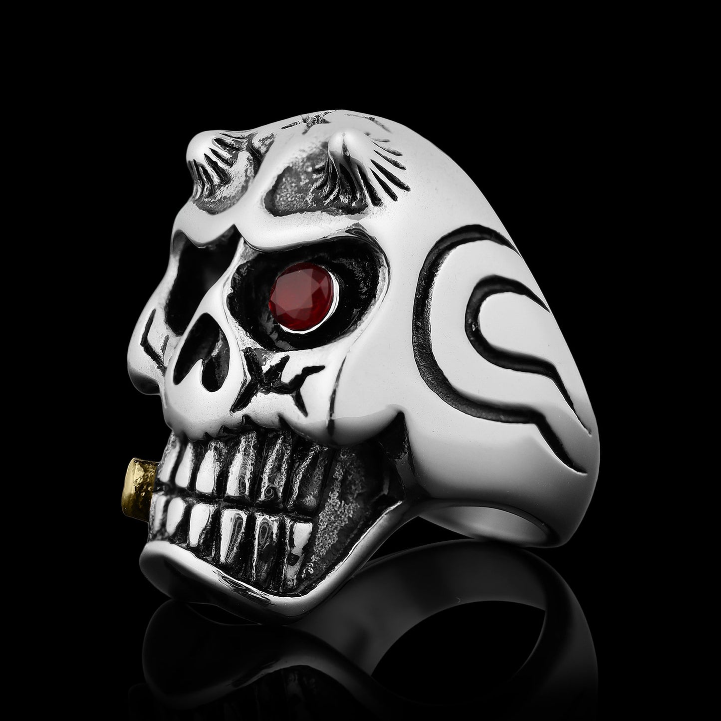 Stainless Steel Devil Skull & Red CZ Eye Smoking 18K Gold PVD Coated Cigar Ring