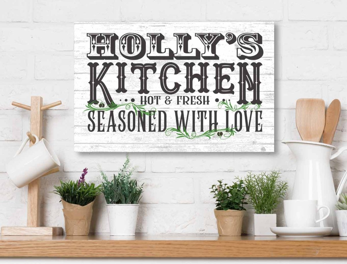 Seasoned With Love Kitchen Sign with Custom Name - Solid Wood - 16.5 x 10.5in