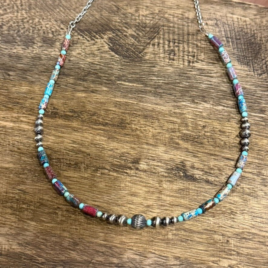 Corrugated Silver Pearl and Jasper Barrel Bead Necklace