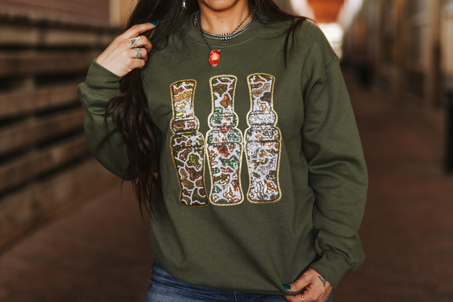 Sequin Hunting Duck Calls Patch Sweatshirt