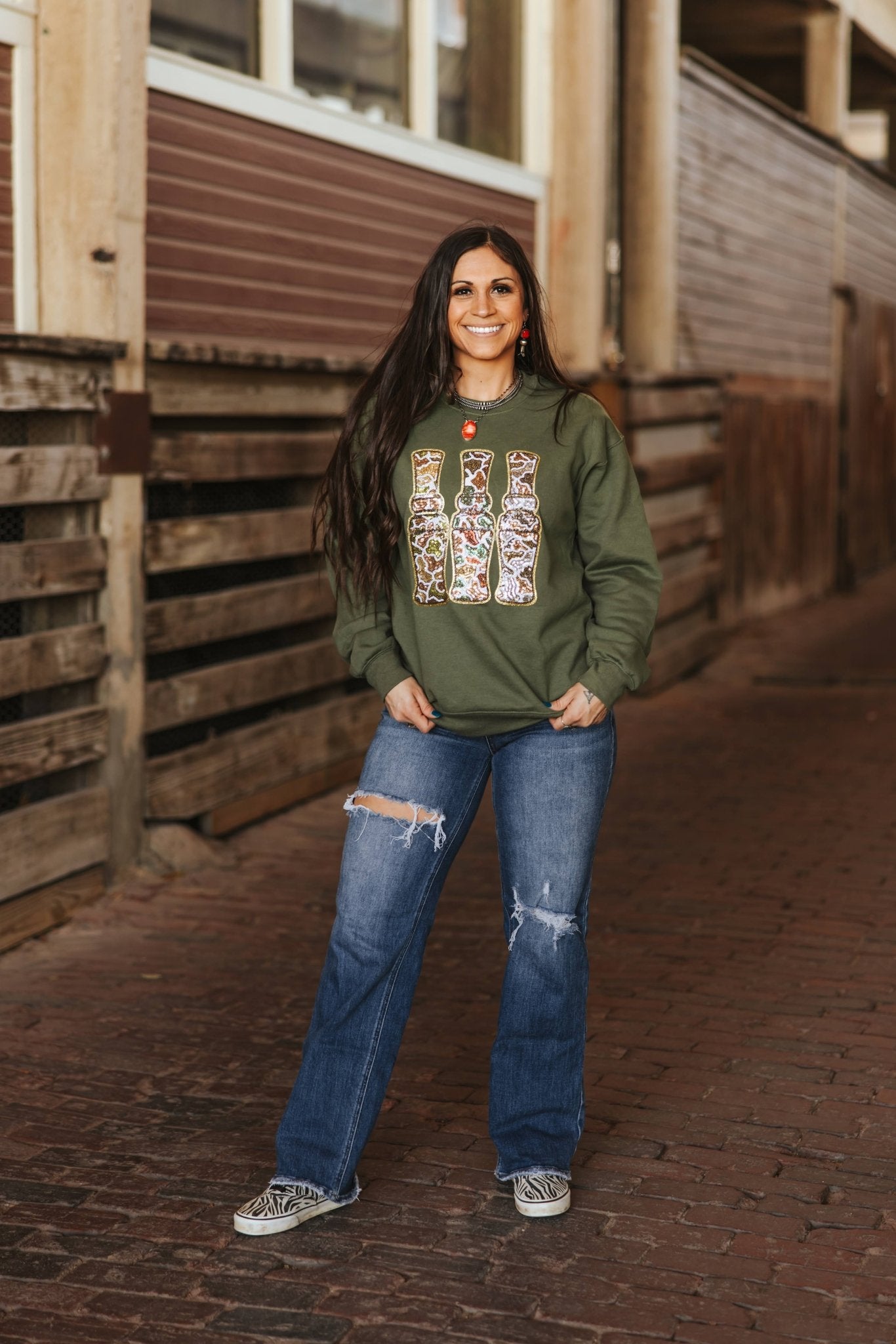 Sequin Hunting Duck Calls Patch Sweatshirt