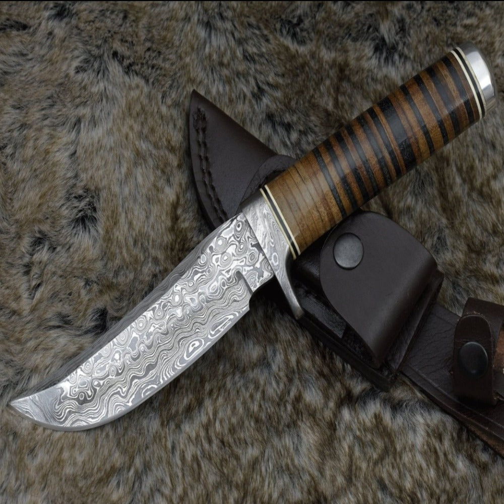 Serenity Damascus Hunting Knife with Stacked Leather Handle
