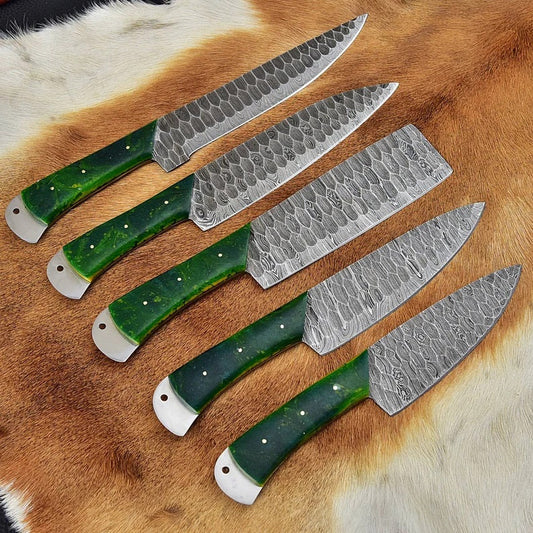Custom Handmade Damascus Knife Set Kitchen - 5 Pieces
