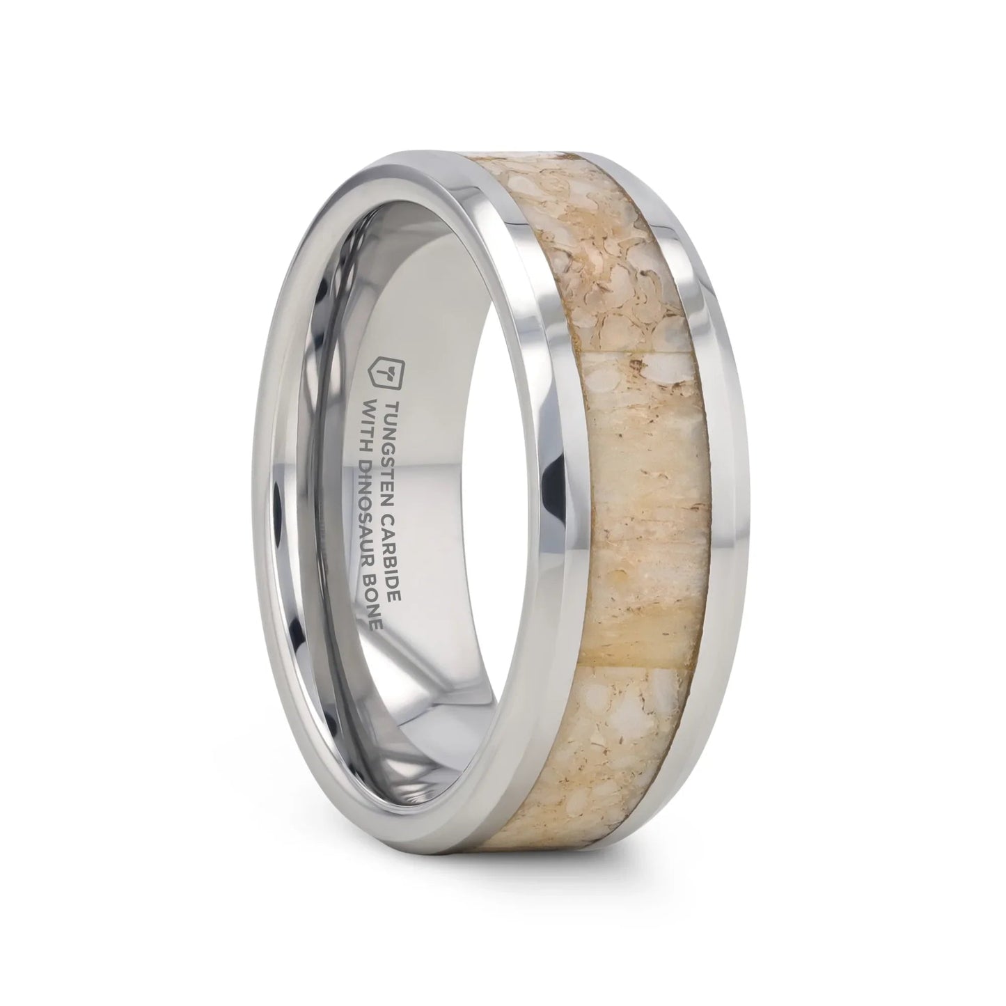 MESOZOIC Men’s Tungsten Flat Beveled Wedding Ring with White Dinosaur Bone Inlay - 4mm or 8mm