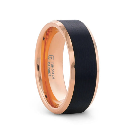HAYDEN Rose Gold Plated Tungsten Beveled Ring with Brushed Black Center, Comfort Fit (6mm & 8mm)