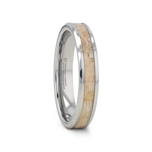 MESOZOIC Men’s Tungsten Flat Beveled Wedding Ring with White Dinosaur Bone Inlay - 4mm