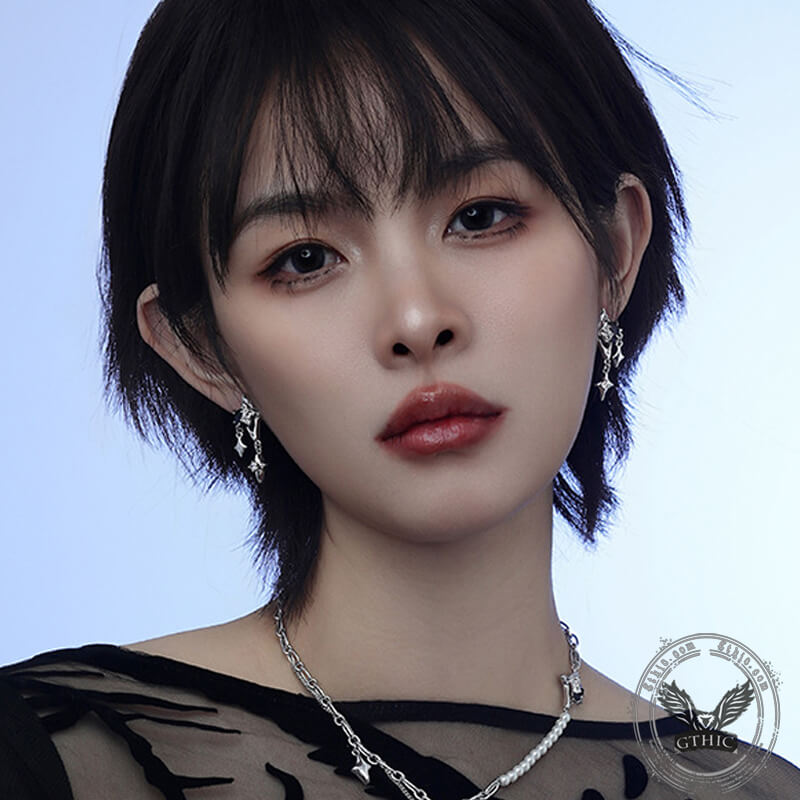 Silver 4 Pointed Star Alloy Drop Earrings