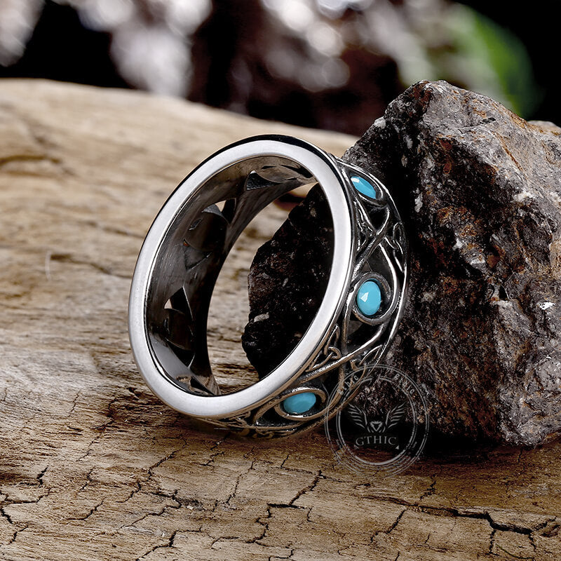 Simple Blue Turquoise Inlaid Hollow Titanium Steel Ring