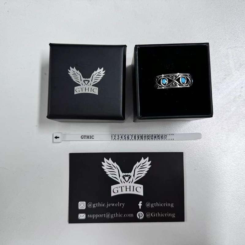 Simple Blue Turquoise Inlaid Hollow Titanium Steel Ring