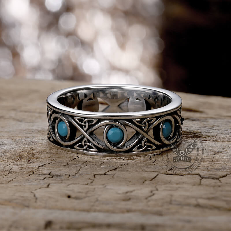 Simple Blue Turquoise Inlaid Hollow Titanium Steel Ring