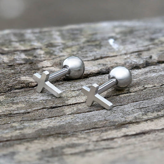 Simple Cross Sterling Silver Screw Back Earrings
