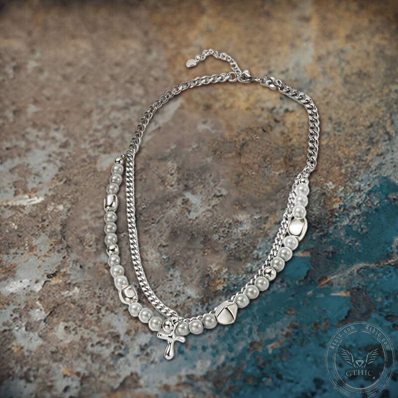 Simple Pearl Cross Stainless Steel Double Layer Necklace