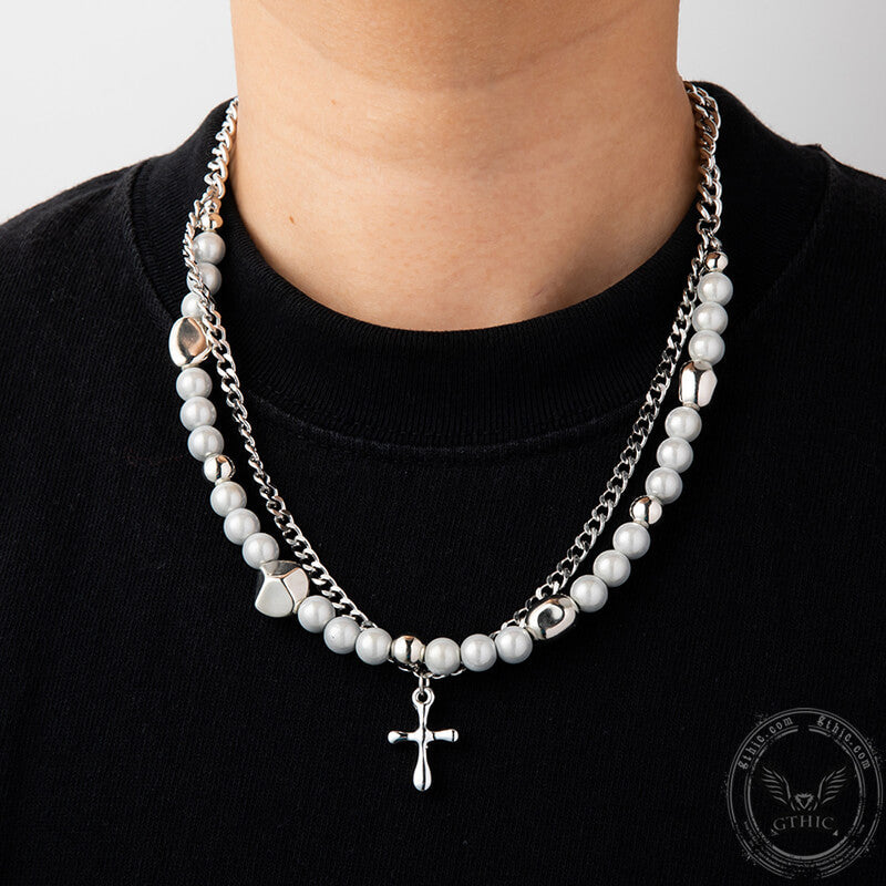 Simple Pearl Cross Stainless Steel Double Layer Necklace