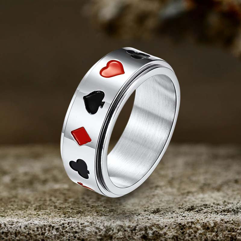 Simple Playing Card Pattern Stainless Steel Spinner Ring