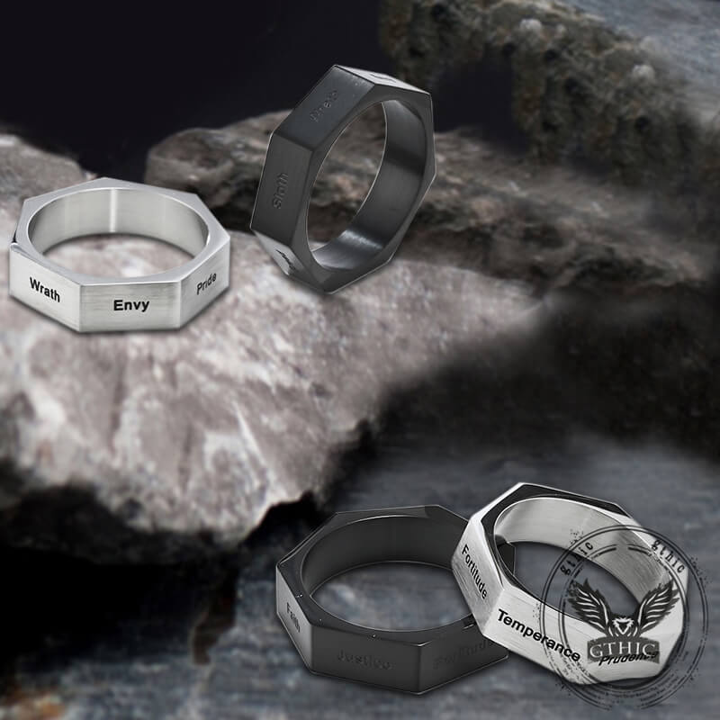 Simple Seven Sins Seven Virtues Stainless Steel Ring