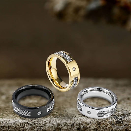 Simple Wire Rope Design Zircon Stainless Steel Ring