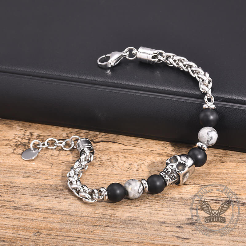 Skull Head Carnelian Map Stone Stainless Steel Bracelet