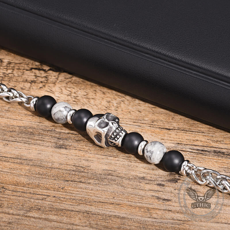 Skull Head Carnelian Map Stone Stainless Steel Bracelet