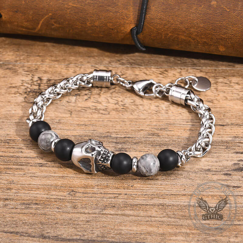 Skull Head Carnelian Map Stone Stainless Steel Bracelet