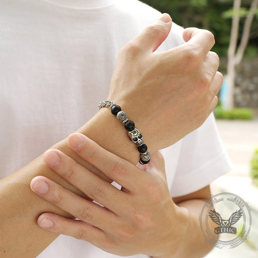 Skull Head Carnelian Map Stone Stainless Steel Bracelet
