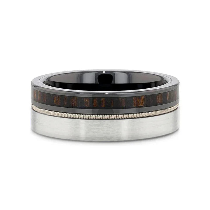 SLATE 8mm Tungsten & Black Ceramic Hybrid Ring with Steel Guitar String and Ebony Wood Inlay