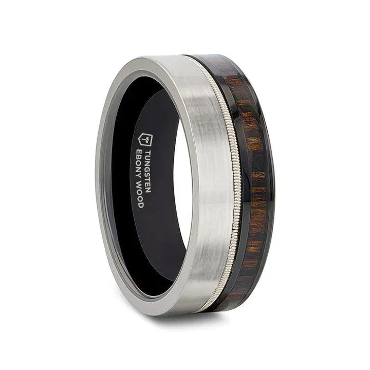 SLATE 8mm Tungsten & Black Ceramic Hybrid Ring with Steel Guitar String and Ebony Wood Inlay