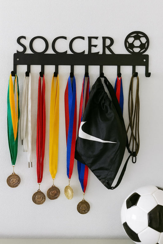 Soccer Ball Medal Rack Display with 10 hooks. Custom option.