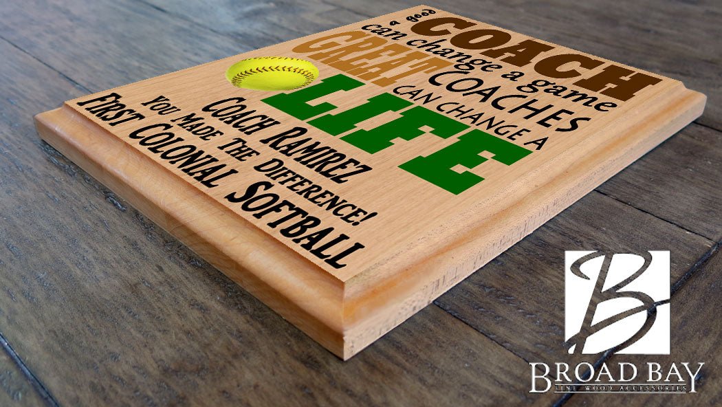 Custom Softball Coach Gift – Personalized Wood Plaque with Name & Message – “Great Coaches Change Lives” – Solid Wood – USA Made – 11x8.5