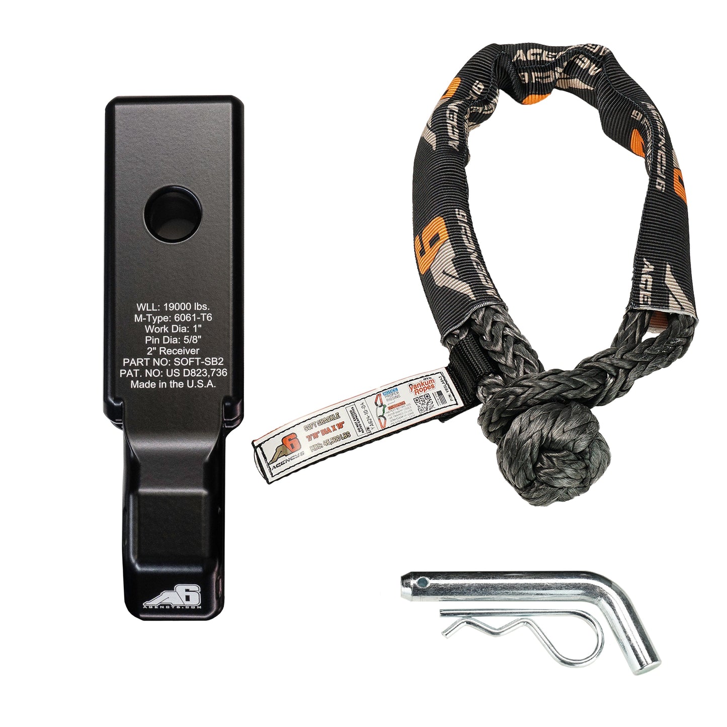 Agency 6 Soft Shackle Recovery Block with Soft Shackle & Hitch Pin – 2" Receiver