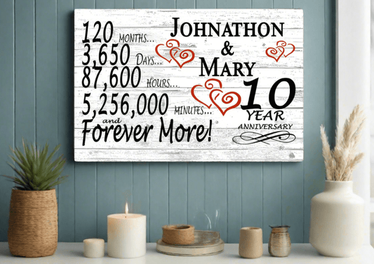 Personalized 10 Year Anniversary Gift – Custom Couple’s Names | Solid Wood Plaque with Countdown