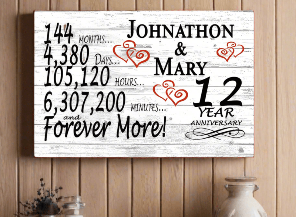 Personalized 12 Year Anniversary Gift – Custom Names | Solid Wood Countdown Sign for Couples