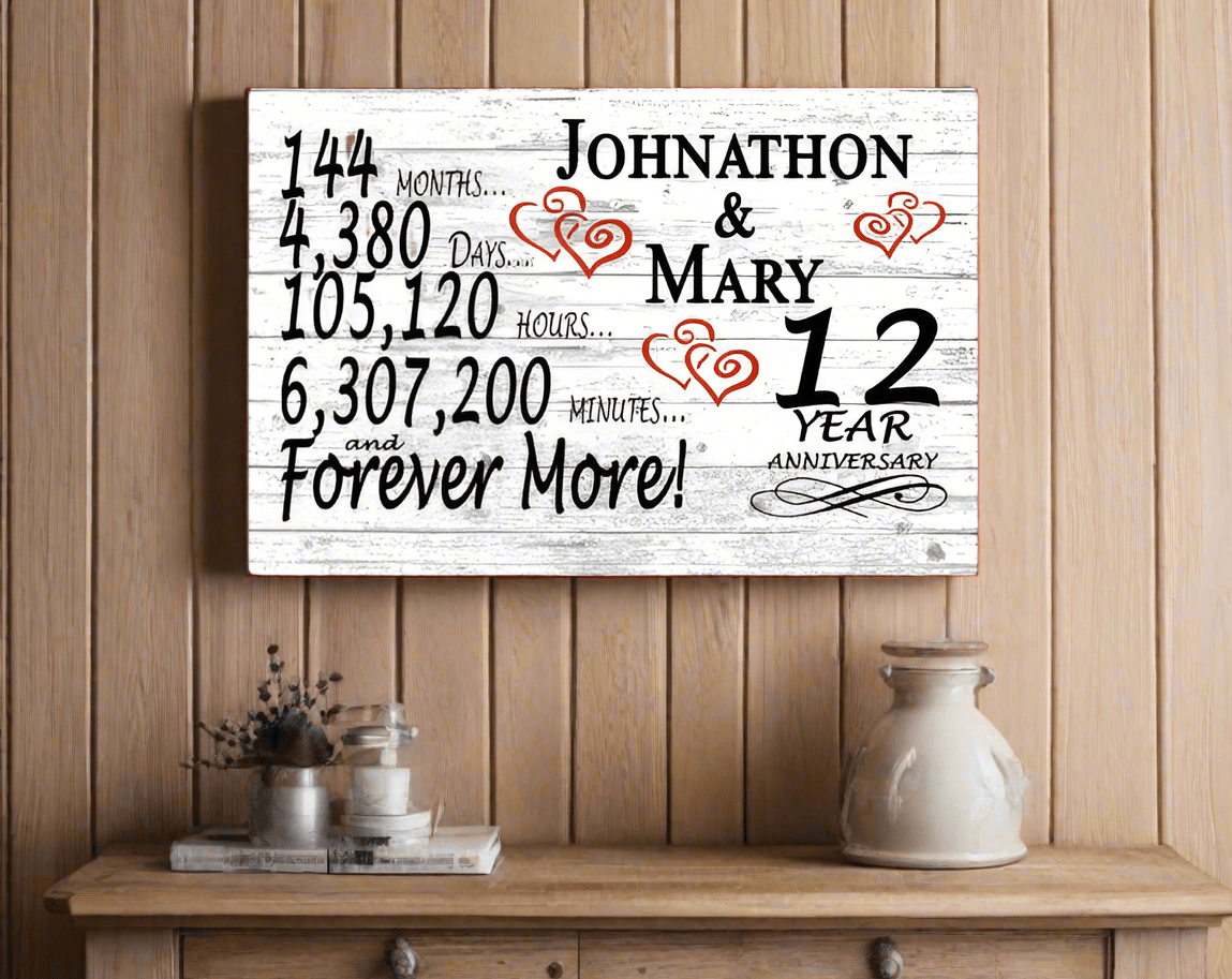Personalized 12 Year Anniversary Gift – Custom Names | Solid Wood Countdown Sign for Couples