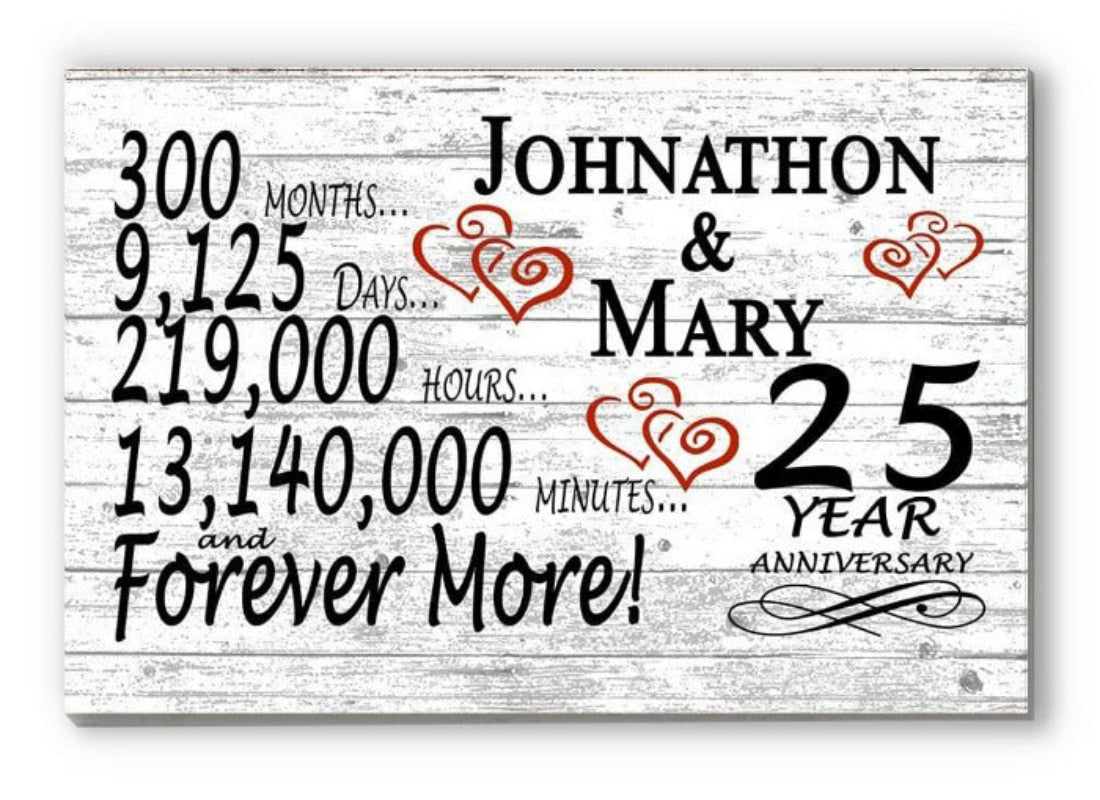 Solid Wood 25 Year Anniversary Gift Personalized Names for Couples