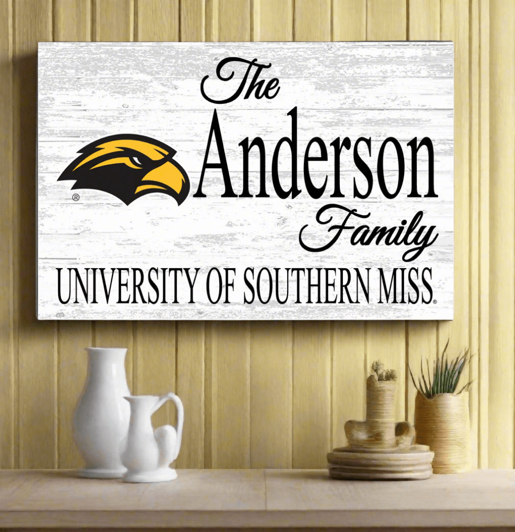 Southern Miss Family Name Sign – Personalized University of Southern Mississippi Wood Sign